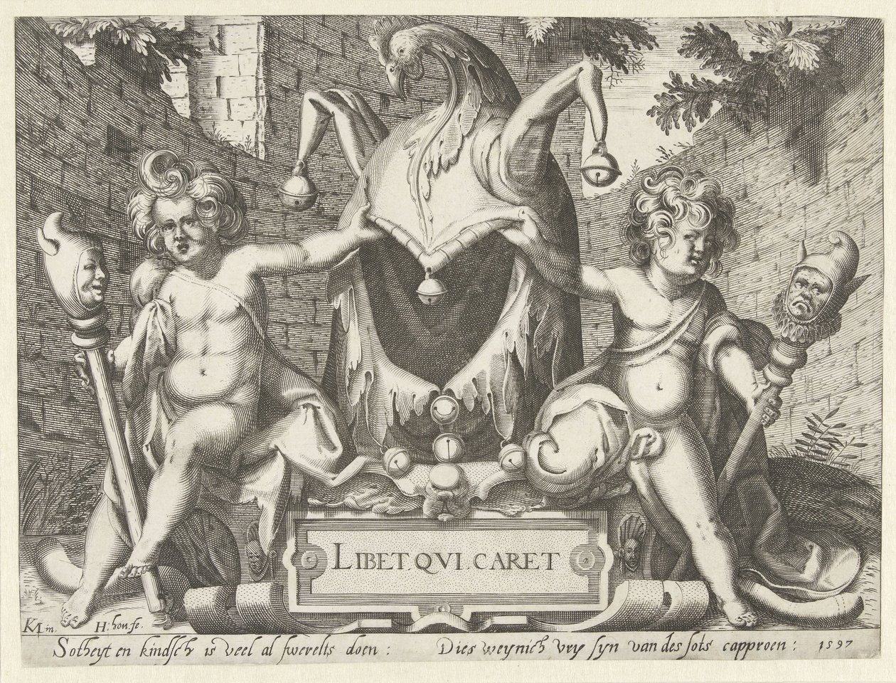 To putti med dårehette Libet qui caret (tittel på objekt) av Hendrick Hondius (I)