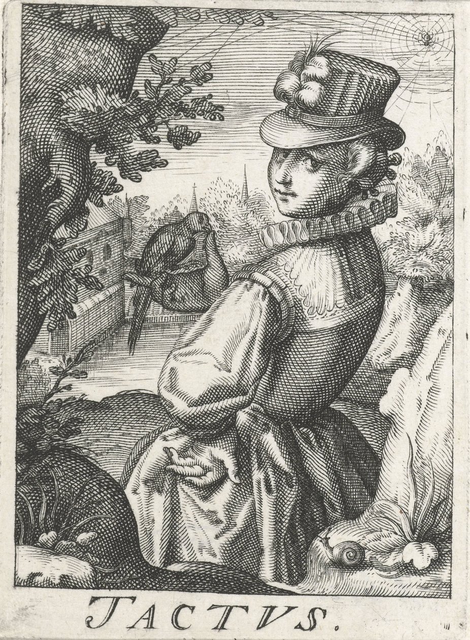 Følelse (Tactus), en kvinne med en fugl Tactus (tittel på objekt) The Five Senses (serietittel) av Hendrick Hondius (rejected attribution)