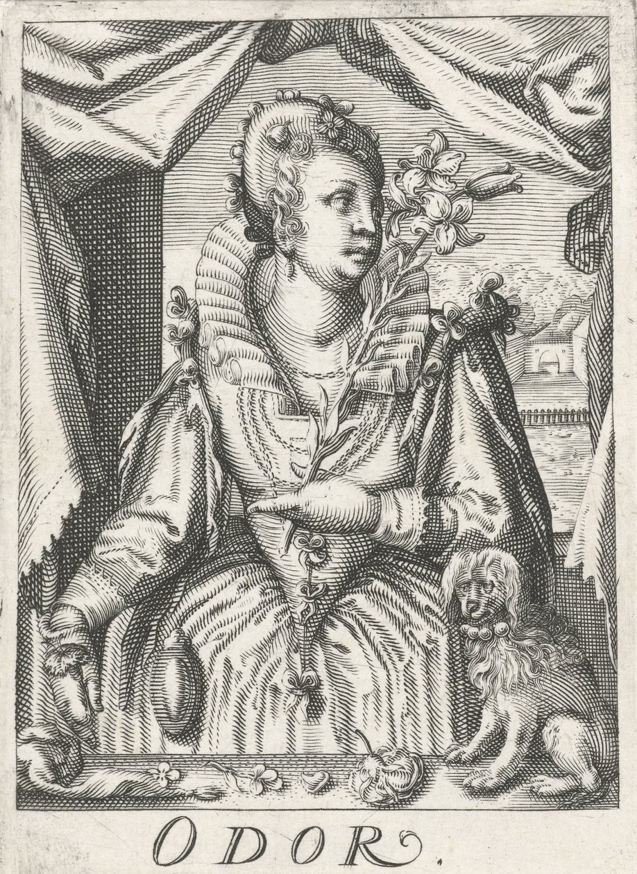Lukt (lukt), en kvinne med en blomstergren Lukt (tittel på objekt) De fem sansene (serietittel) av Hendrick Hondius (rejected attribution)