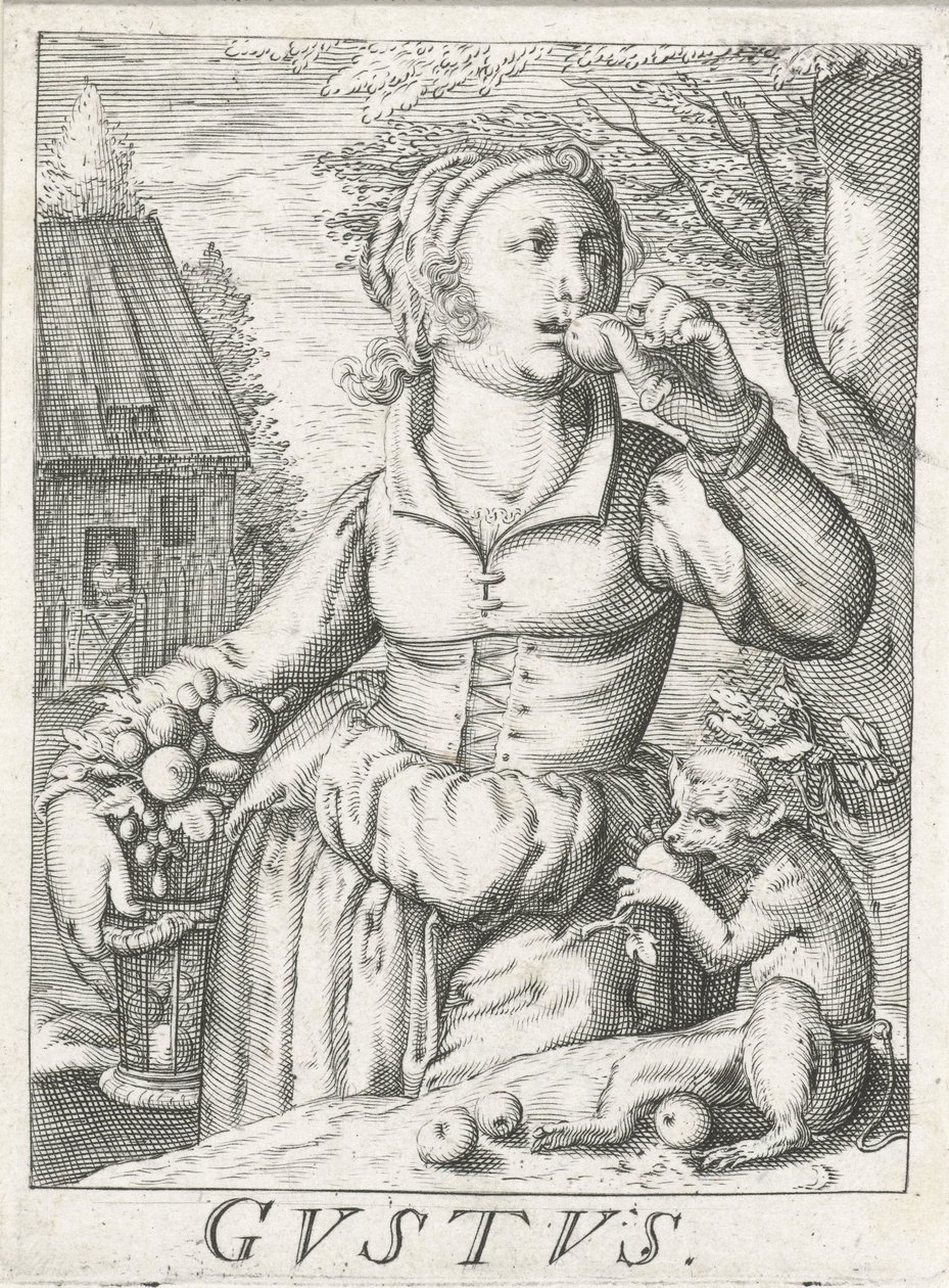 Smak (Gustus), en kvinne med frukt Gustus (tittel på objekt) De fem sansene (serietittel) av Hendrick Hondius (rejected attribution)