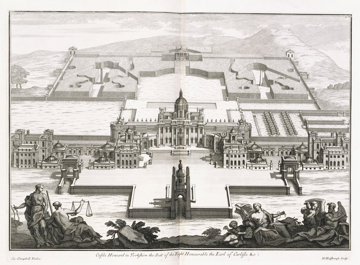 Castle Howard i Yorkshire, fra "Vitruvius Britannicus", eller "The British Architect, som inneholder planene, forhøyningene og seksjonene av de vanlige bygningene både offentlige og private, i Storbritannia" av Colin Campbell av Hendrick Hulsberg