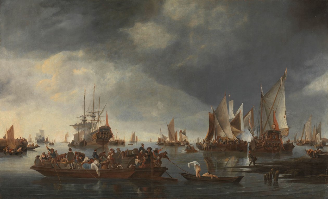 Havn med seilbåter og ferge av Hendrick Jacobsz. Dubbels