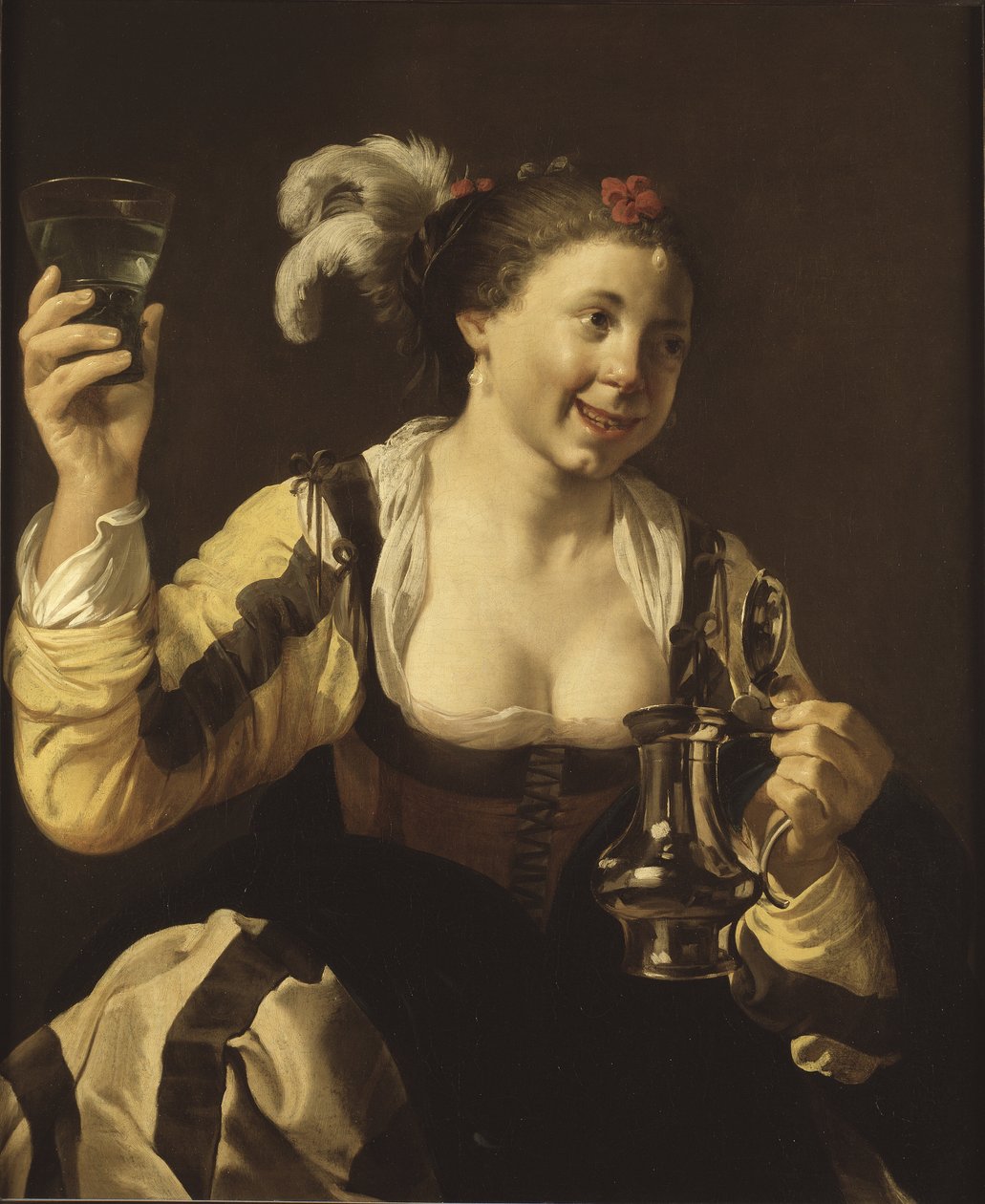 A girl holding a glass (le gout, serie des cinq sens) - A Girl Holding a Glass (Taste. From the Series ""The Five Senses"), av Terbrugghen, Hendrick Jansz (1588-1629). olje på lerret av Hendrick Jansz Terbrugghen