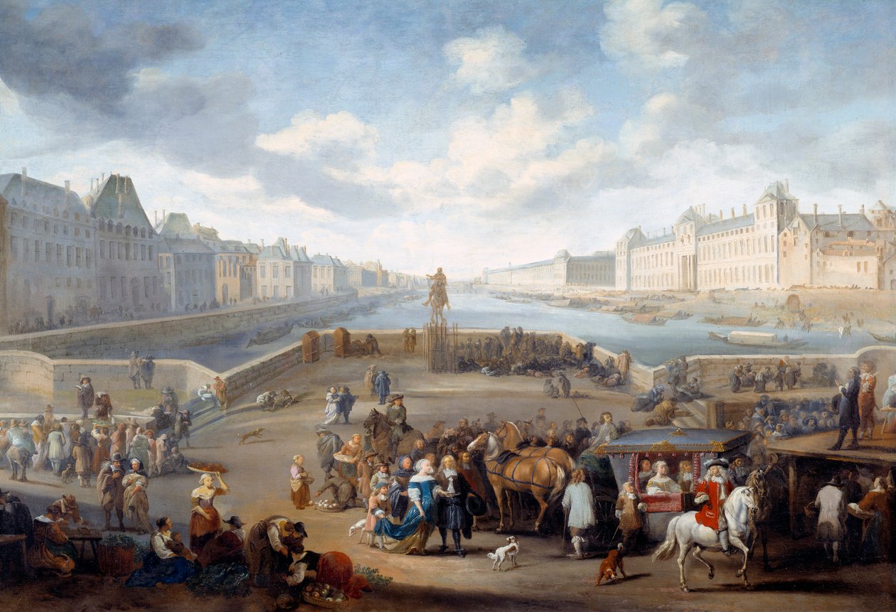 Bro over Seinen detalj av utsikten over Paris med Louvre tatt fra Henri IV. Maleri av Hendricks Mommers (1623-1693) Ec. Hol. av Hendrick Mommers