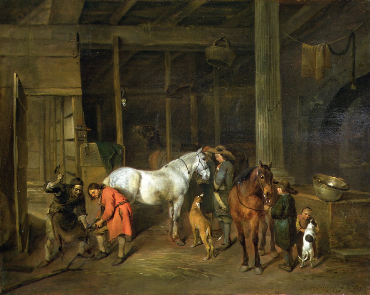Interiør med hovslager (olje på lerret) av Hendrick Verschuring