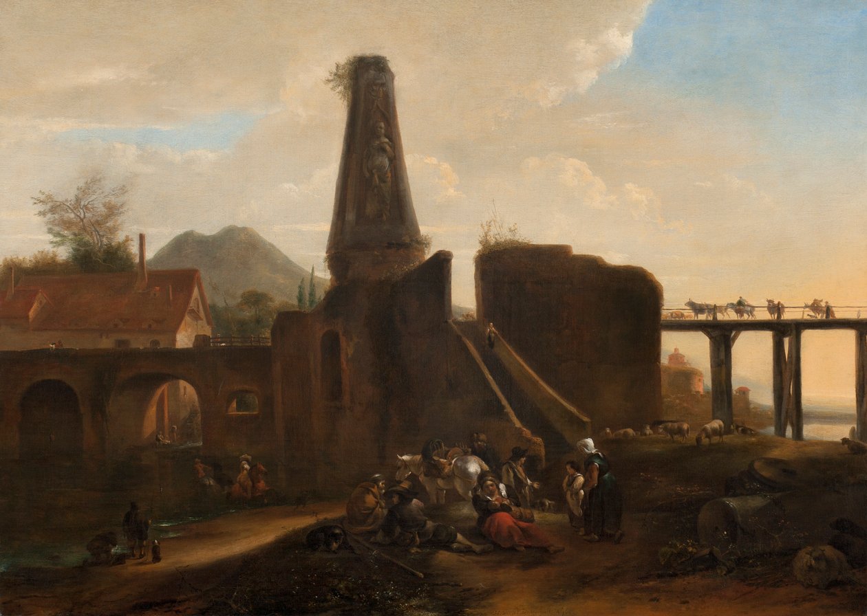 Resende reisende ved siden av klassiske ruiner, 1663 olje på lerret av Hendrick Verschuring