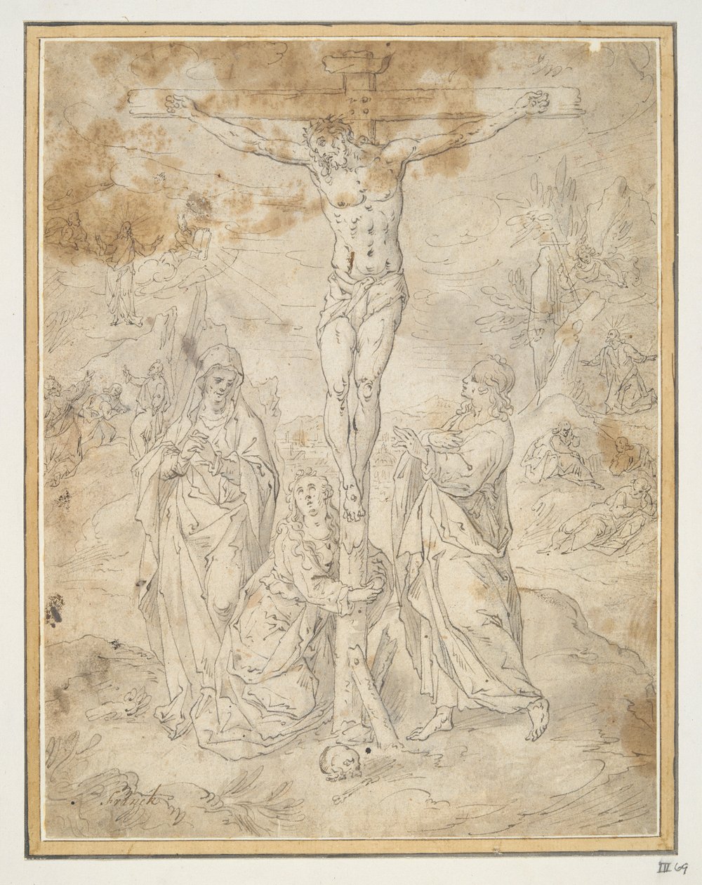 Kristus på korset mellom jomfruen og Johannes med pasjonsscener i bakgrunnen av Hendrick de Clerck