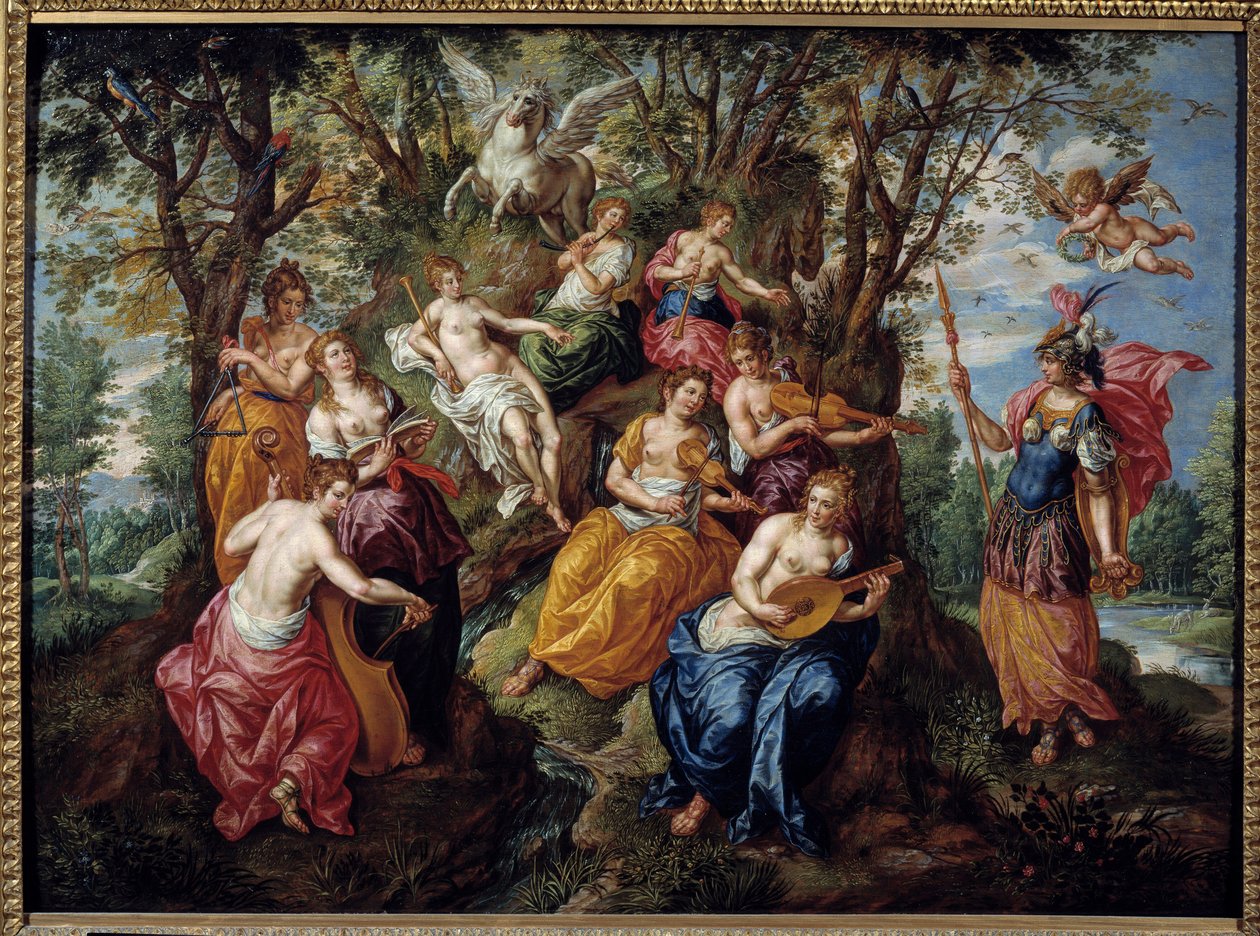 Besøk av Minerva ved Muses Maleri av Hendrick de Clerk (1570-1629) (ec.flam.) Chalons Sur Marne fra 1600-tallet. Museum of Fine Arts av Hendrick de Clerk