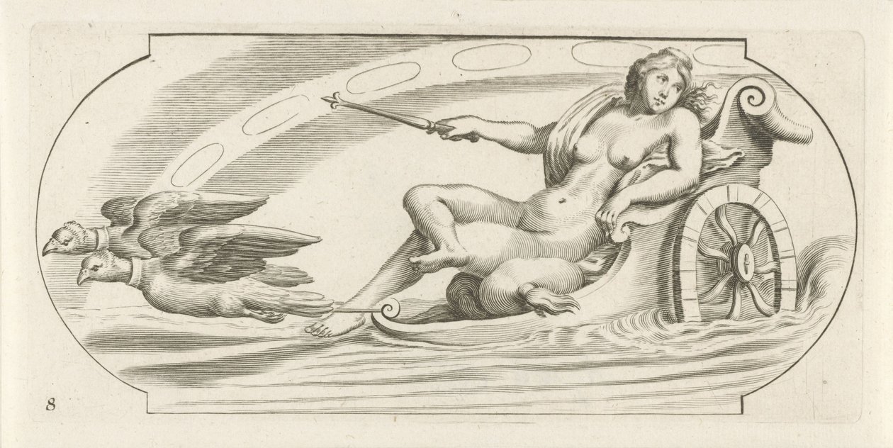 Aurora på en vogn Nouveau Livre des Dieux et Deeßes De la Marine Bouckje van Zeegoden en Goddesses (serietittel) av Hendrick de Keyser (I)