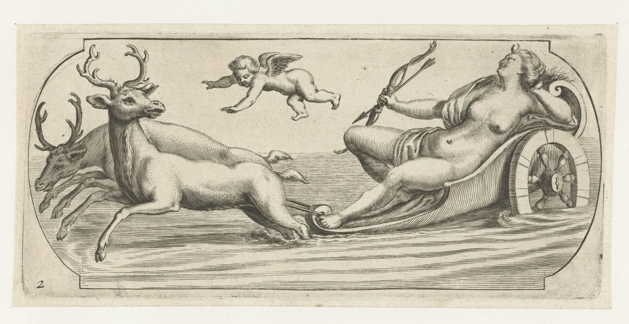 Diana med pil og bue Nouveau Livre des Dieux et Deeßes De la Marine Bouckje of Sea Gods and Goddesses (serietittel) av Hendrick de Keyser (I)