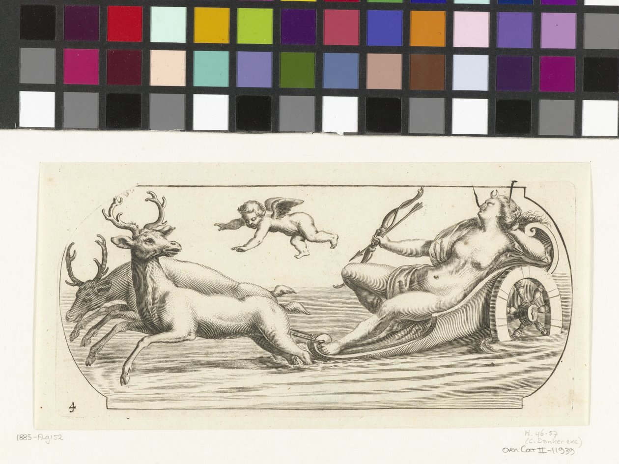 Diana på en vogn Nouveau Livre des Dieux et Deeßes De la Marine Bouckje of Sea Gods and Goddesses (serietittel) av Hendrick de Keyser (I)