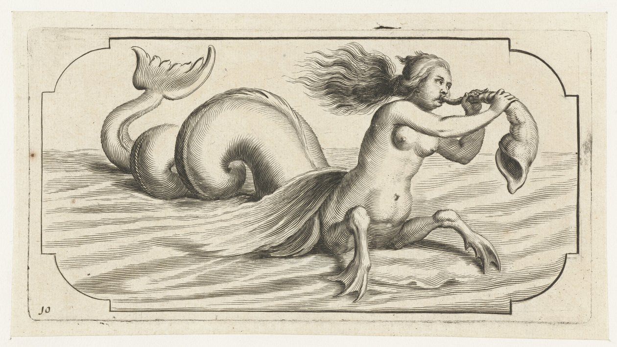 En kvinneskikkelse blåser på et skjell Nouveau Livre des Dieux et Deeßes De la Marine Bouckje of Sea Gods and Goddesses (serietittel) av Hendrick de Keyser (I)
