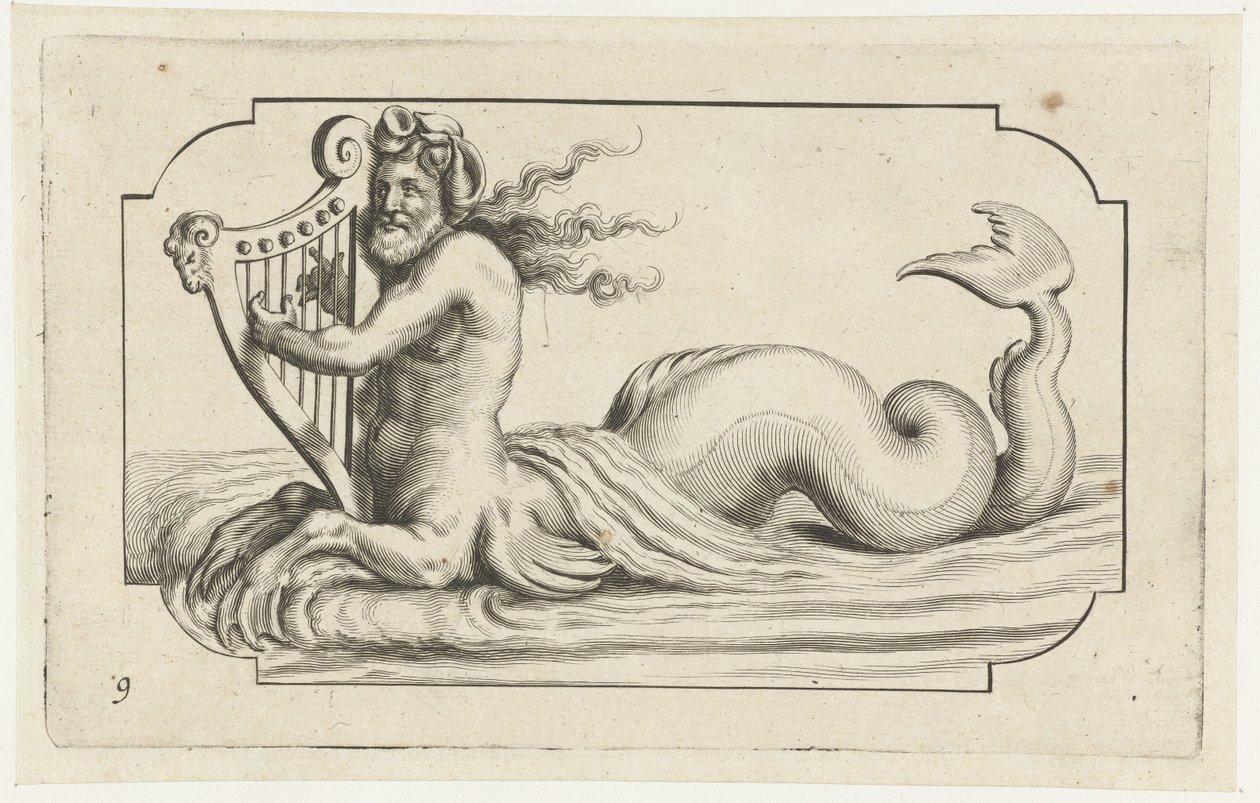 Triton spiller harpe Nouveau Livre des Dieux et Deeßes De la Marine Bouckje of Sea Gods and Goddesses (serietittel) av Hendrick de Keyser (I)