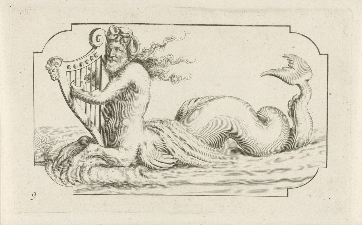 Triton spiller harpe Nouveau Livre des Dieux et Deeßes De la Marine Bouckje of Sea Gods and Goddesses (serietittel) av Hendrick de Keyser (I)