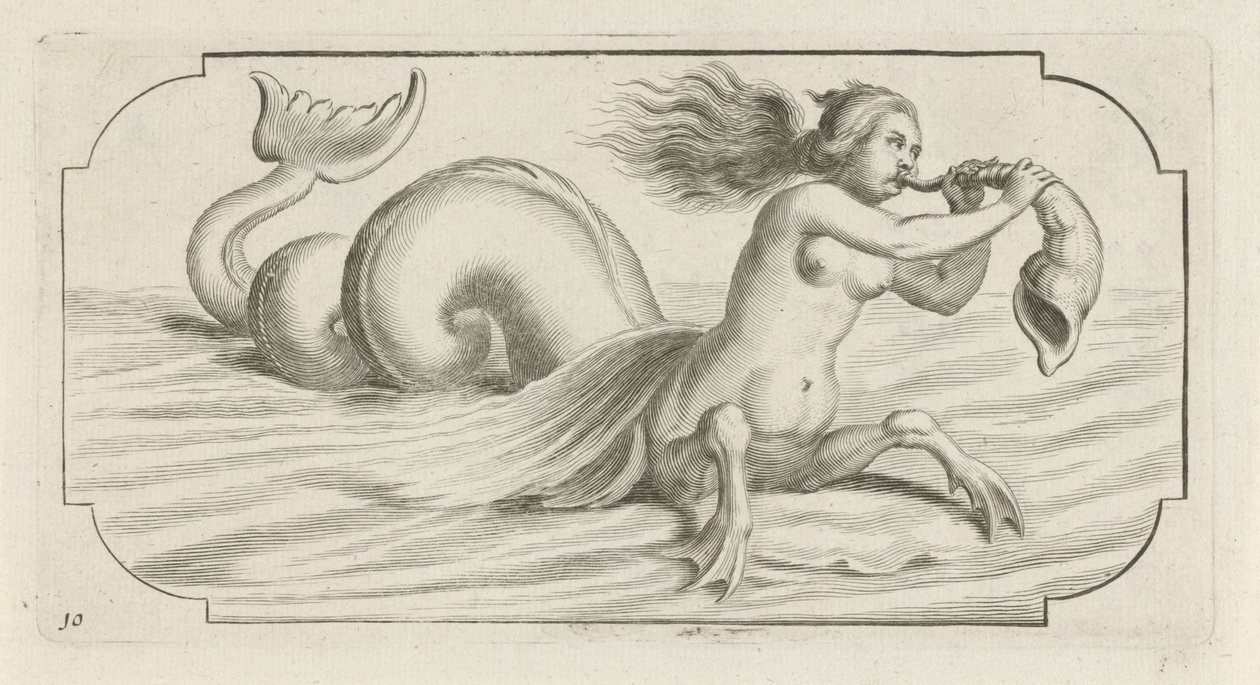 Kvinnefigur blåser på et skjell Nouveau Livre des Dieux et Deeßes De la Marine Bouckje of Sea Gods and Goddesses (serietittel) av Hendrick de Keyser (I)
