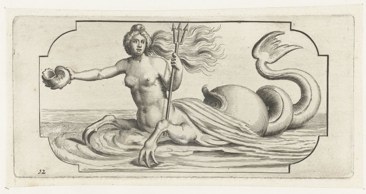 Kvinnefigur med trefork av Neptun Nouveau Livre des Dieux et Deeßes De la Marine Bouckje of Sea Gods and Goddesses (serietittel) av Hendrick de Keyser (I)