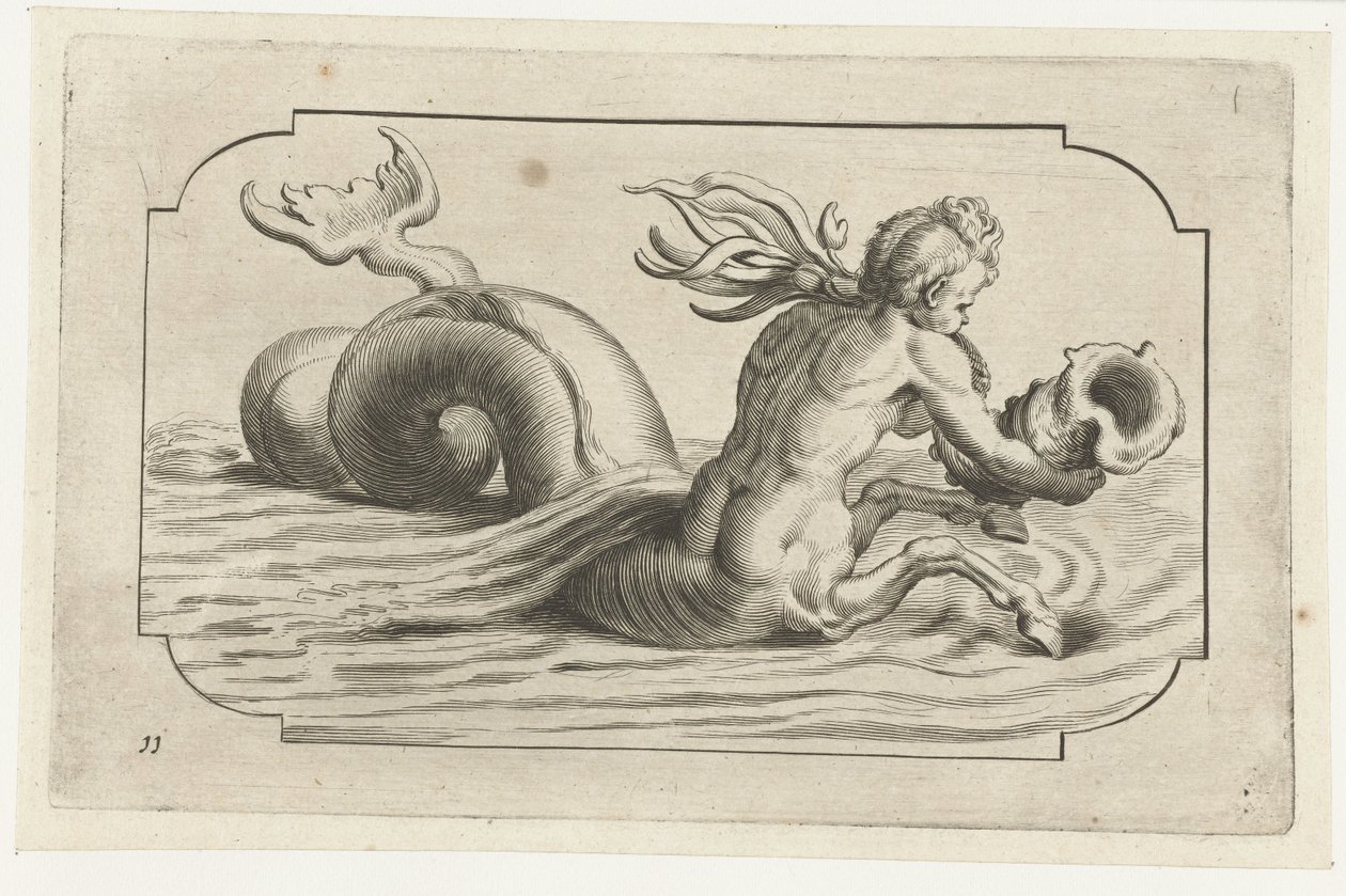 Sjøhest med en mannlig overkropp Nouveau Livre des Dieux et Deeßes De la Marine Bouckje van Zeegoden en Goddesses (serietittel) av Hendrick de Keyser (I)
