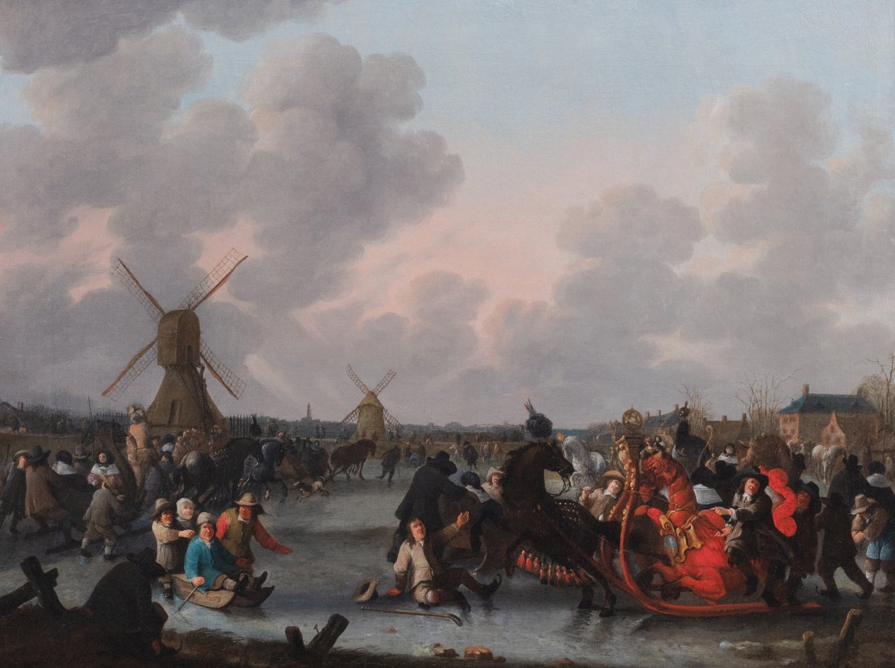 Et vinterlandskap med mange hestetrukne sleder på isen av Hendrick de Meijer
