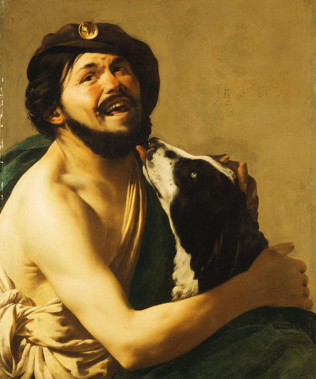 En leende bravo med en hund, 1628 av Hendrick ter Brugghen