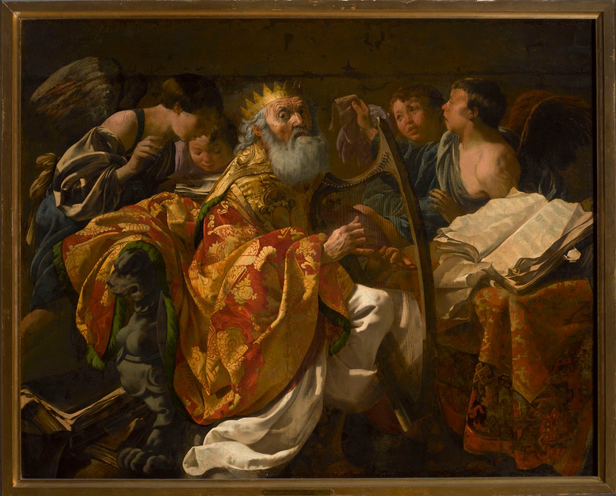Kong David spiller harpe omgitt av engler av Hendrick ter Brugghen