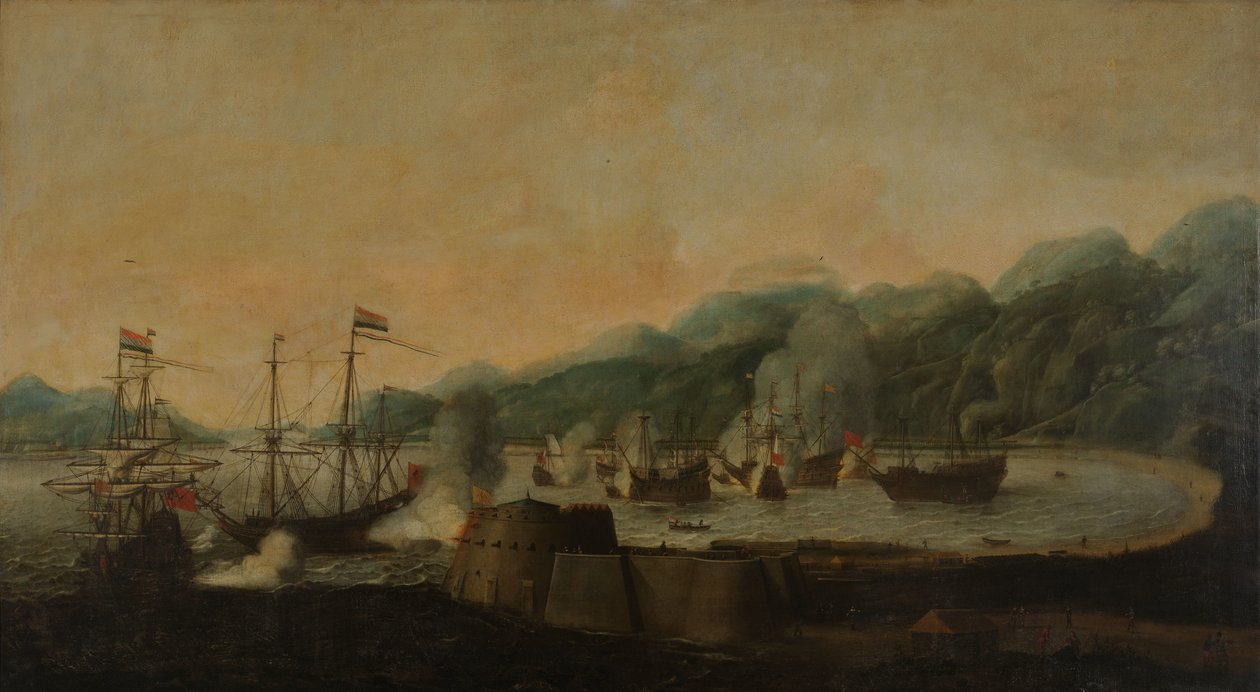 En nederlandsk skvadron under kommando av Cornelis Simonsz van der Veer som utfører et overraskelsesangrep på tre portugisiske galleoner i Goa Velha-bukten, 30. september 1639 av Hendrick van Anthonissen
