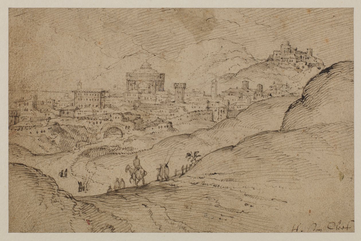 Landskap med utsikt over en by, 1500-tallet av Hendrick van Cleve