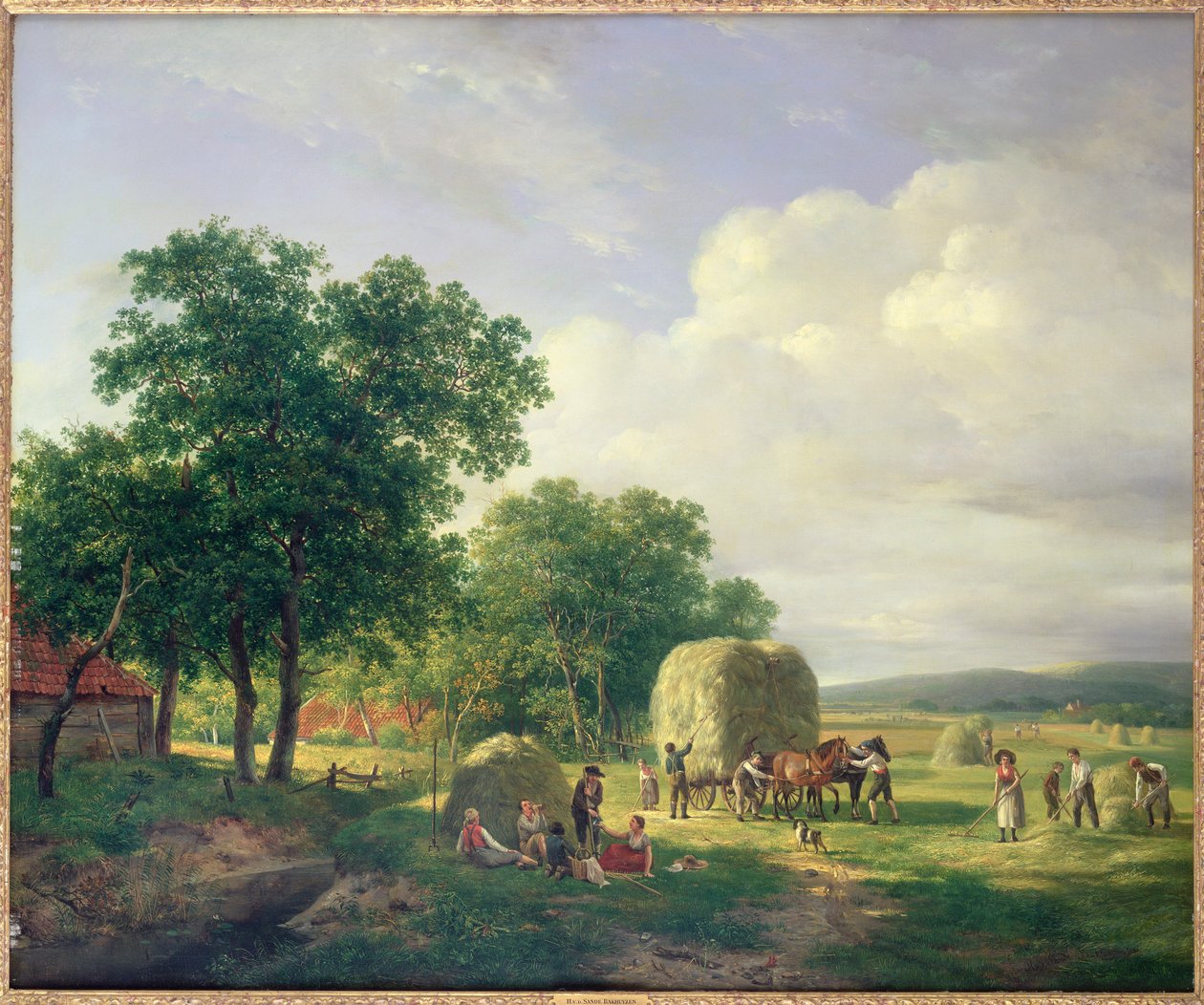 Et skogkledd landskap med slåttemakere av Hendrick van de Sande Bakhuyzen