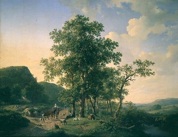 Skoglandskap med bønder og dyr av Hendrick van de Sande Bakhuyzen