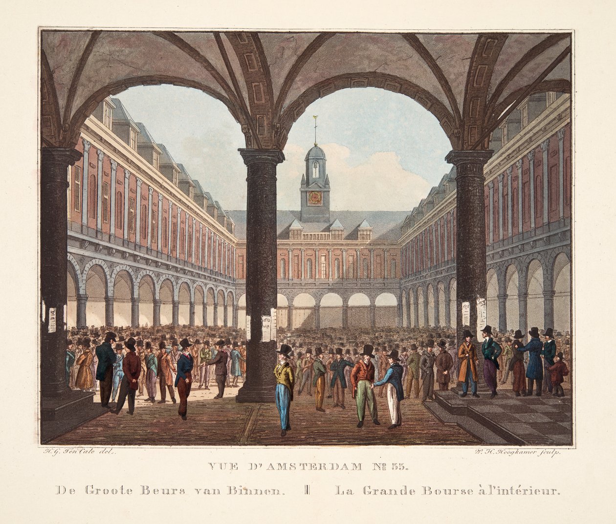 Utsikt over Amsterdam No.33. De Groote Beurs van Binnen. La Grande Bourse innvendig, 1825 (håndfarget gravering) av Hendrik Gerrit ten Cate