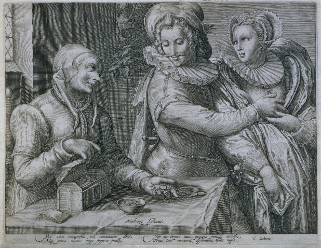 En ung mann som velger kjærlighet til skjønnhet i stedet for rikdom, gravert av Jacob Matham (1571-1631) av Hendrik Goltzius