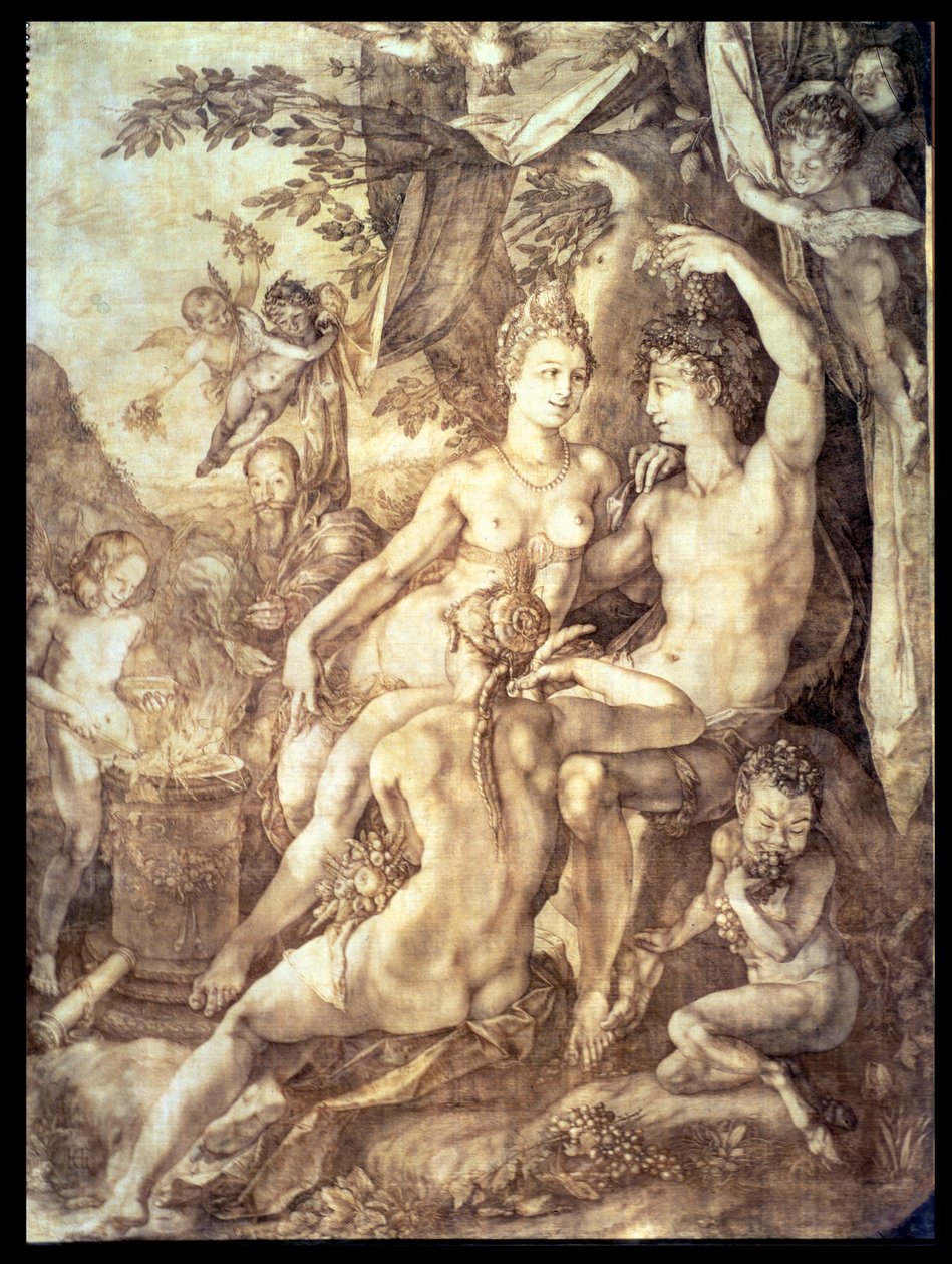 Bacchus, Venus og Ceres, ca. 1606 (penn og brunt blekk) av Hendrik Goltzius