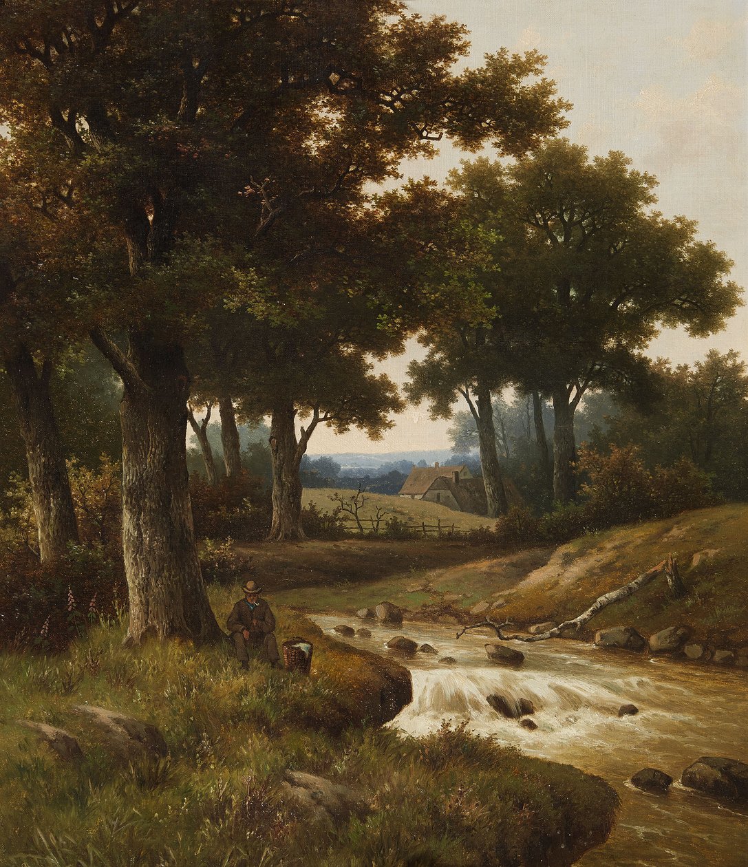 Skogkledd elvelandskap med hus i bakgrunnen av Hendrik Pieter Koekkoek