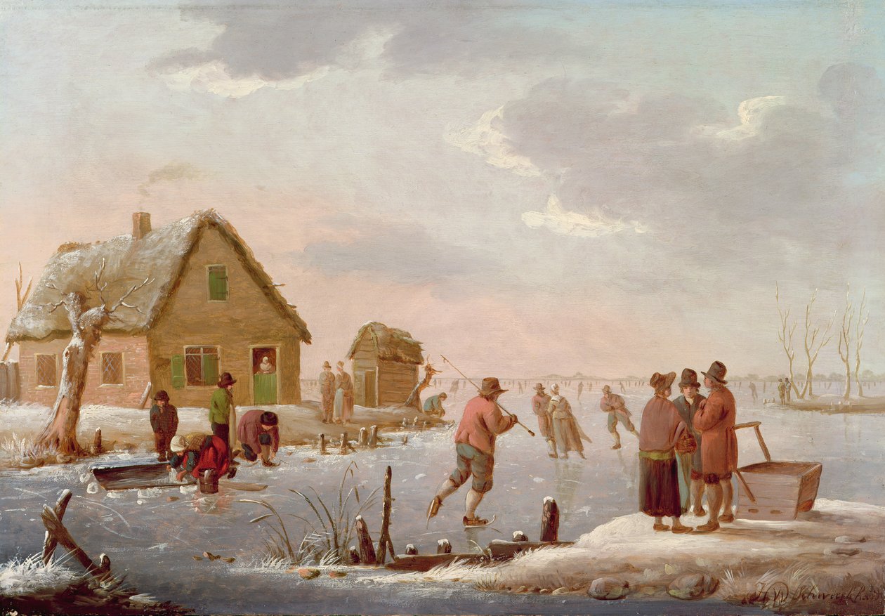 Kunstløp i et vinterlandskap (panel) av Hendrik Willem Schweickardt