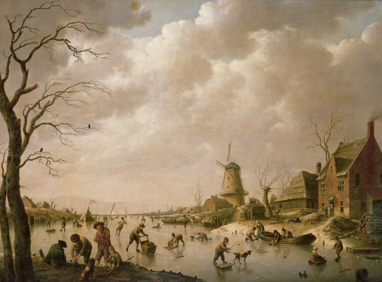 Skatere på en frossen kanal, 1779 av Hendrik Willem Schweickardt
