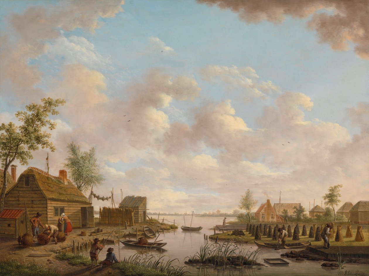 Landskap med fiskere og torvskjærende bønder i lavmyren av Hendrik Willem Schweickhardt