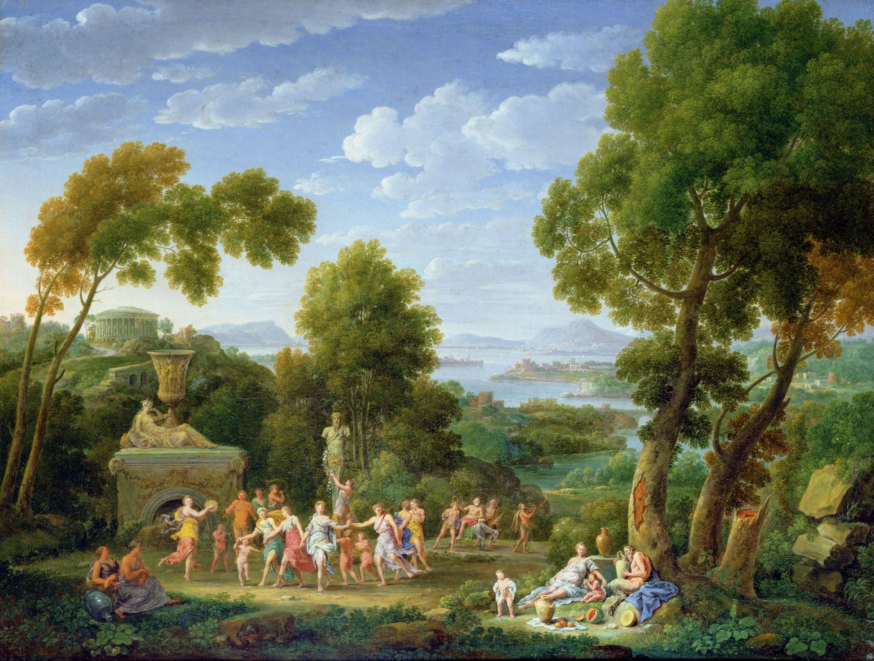 Et skogkledd italiensk landskap med nymfer som danser, 1728 av Hendrik van Lint
