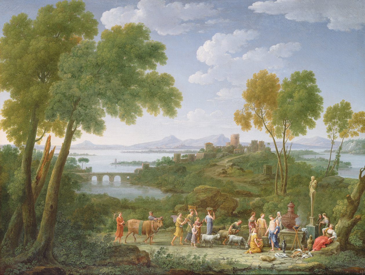 Et omfattende italiensk landskap med et offer, 1728 av Hendrik van Lint