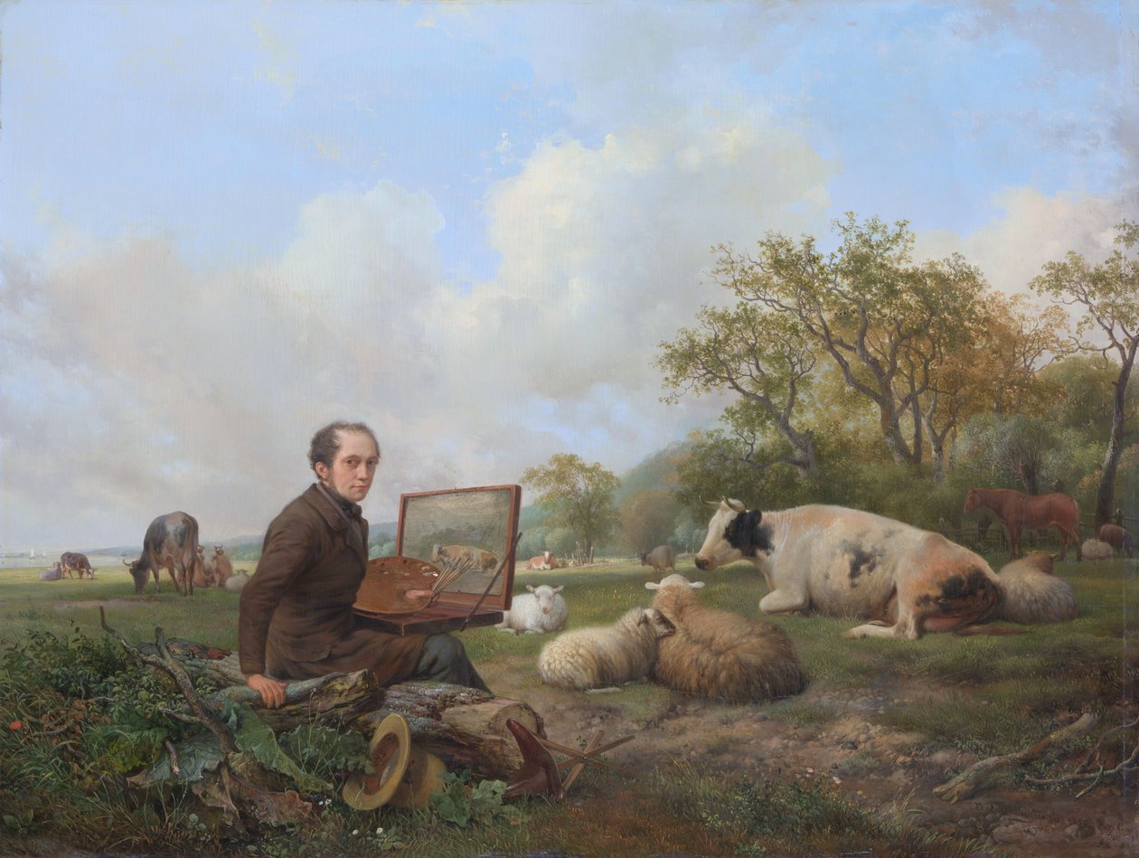 Maleren selv, som maler i et englandskap med storfe av Hendrick van de Sande Bakhuyzen