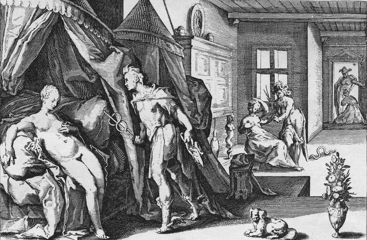 Mercury kommer inn i Herses rom etter å ha endret Agraulos til stein, fra Ovid, Metamorphoses, Bok II - Anonym, nederlandsk av Hendrik (after) Goltzius