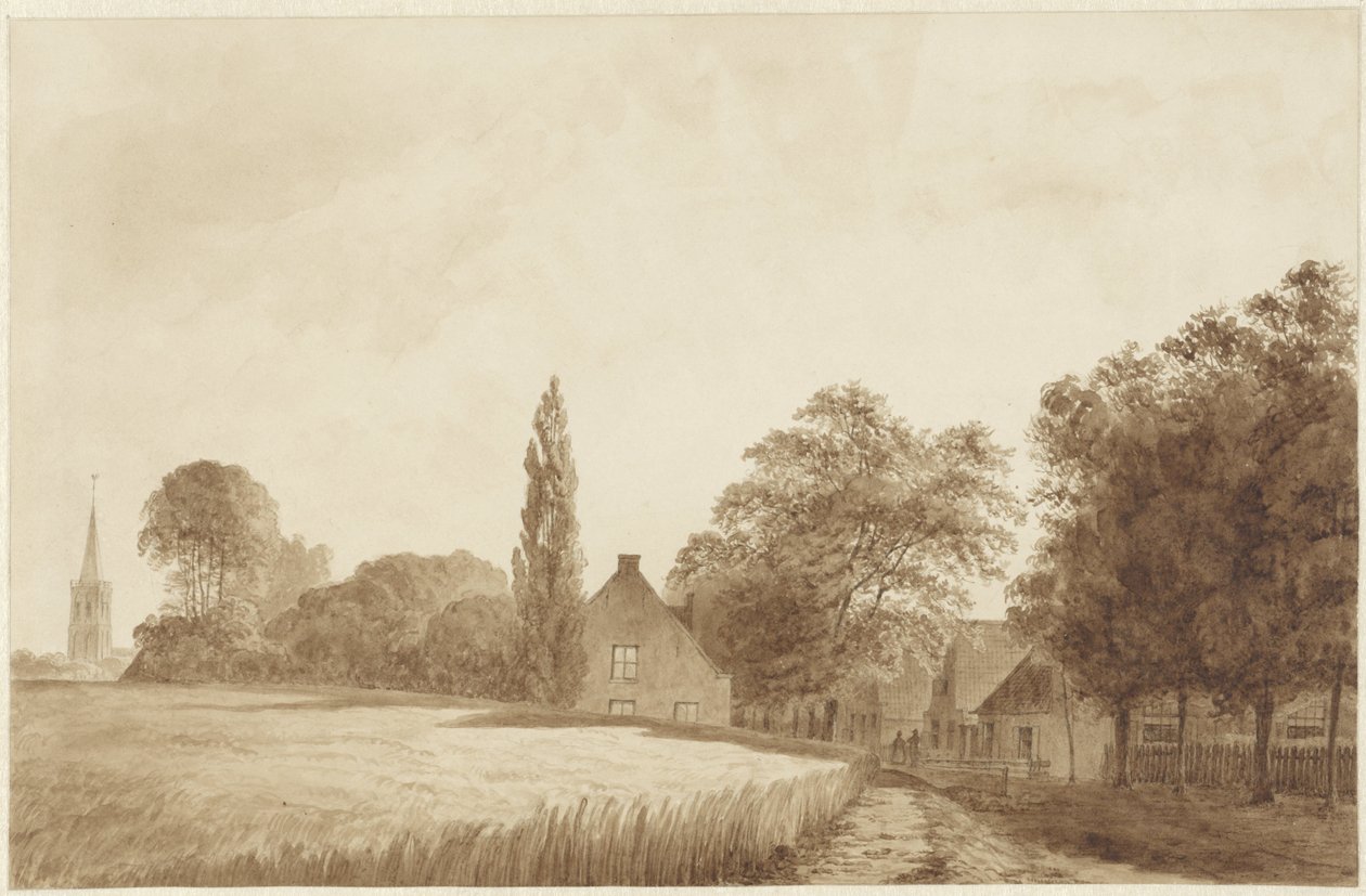 Utsikt over noen hus og et kirketårn ved Hilversum av Hendrik Abraham Klinkhamer