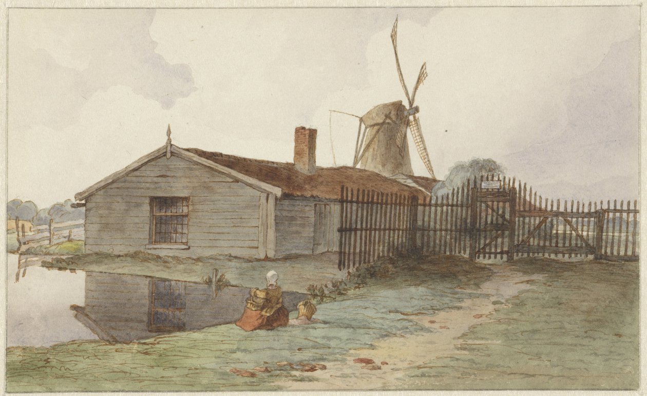 Vindmølle med trebygninger nær Amsterdam av Hendrik Abraham Klinkhamer