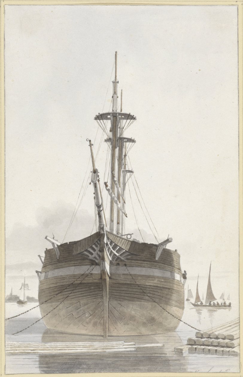 Seilskute sett forfra i en tømmerhavn av Hendrik Abraham Klinkhamer