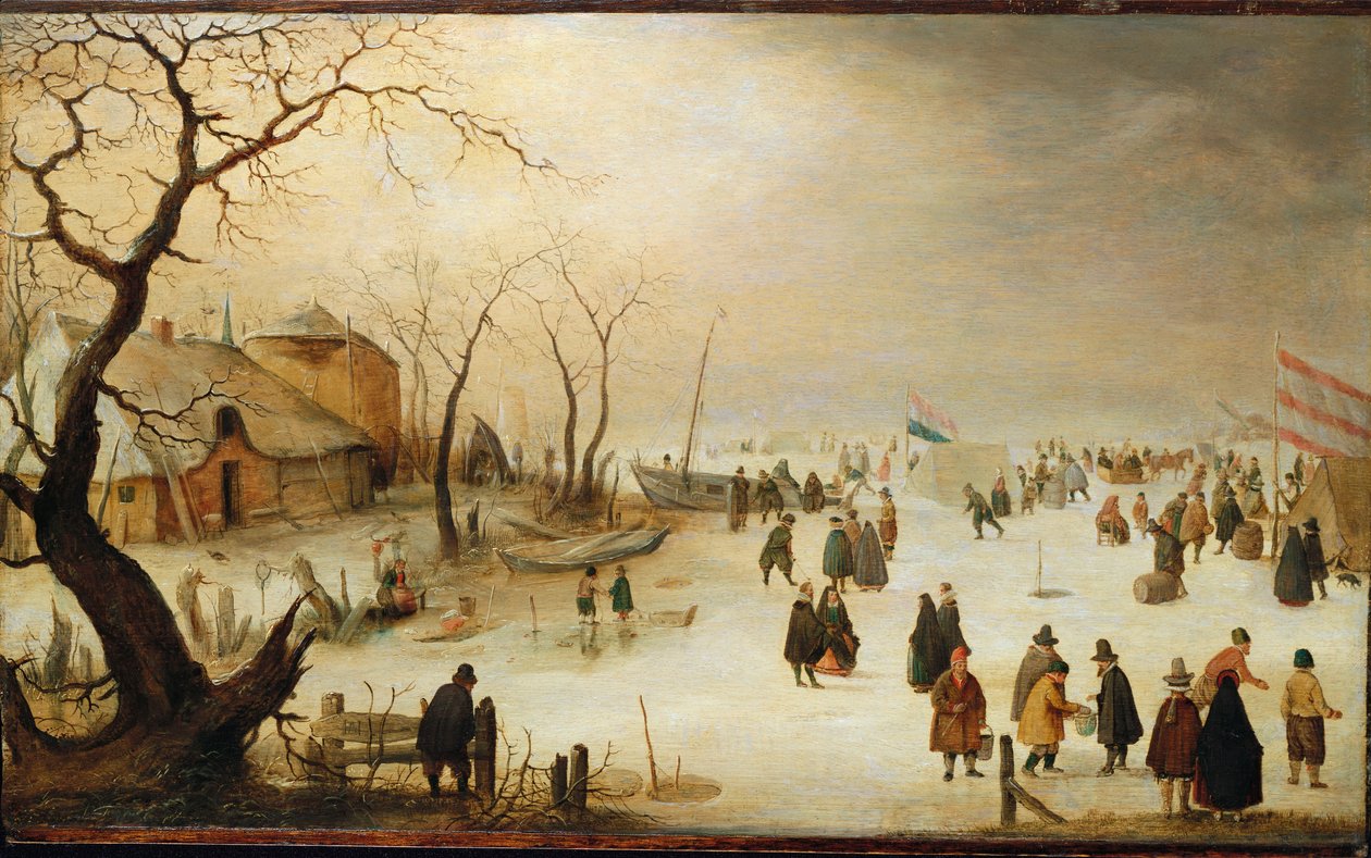 Et vinterelvelandskap med figurer på isen av Hendrik Avercamp