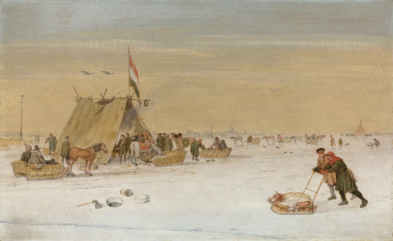 Et vinterlandskap med figurer på isen ved et koek-en-zopie-telt av Hendrik Avercamp
