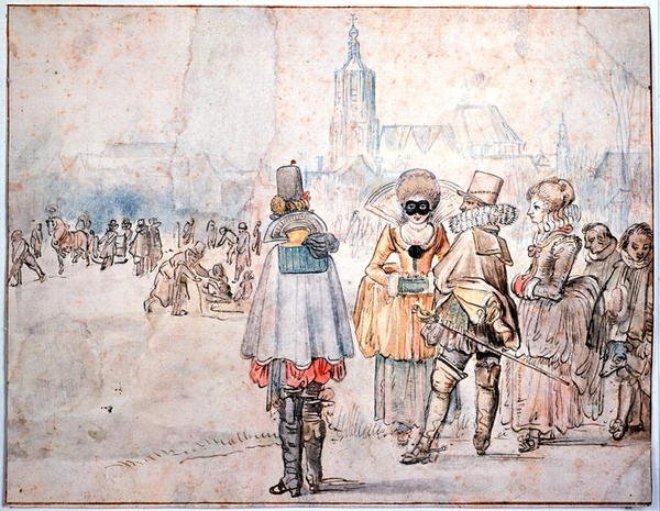 Kongen og dronningen av Böhmen på is (penn og blekk og akvarell på papir) av Hendrik Avercamp