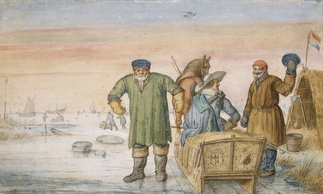 To gamle menn ved siden av en slede som bærer våpenskjoldene til Amsterdam og Utrecht, 1620-33 av Hendrik Avercamp