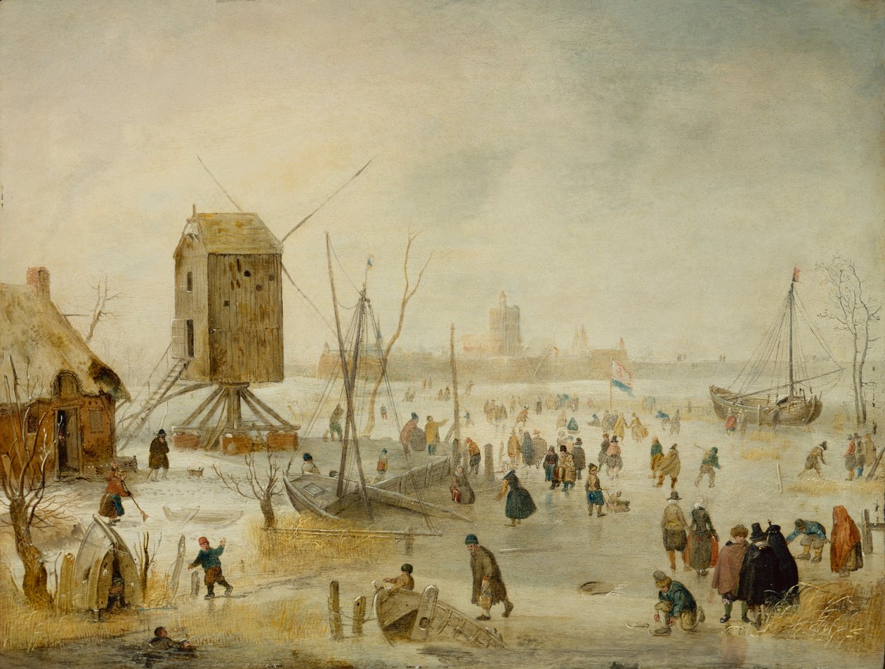 Vinterlandskap med skatere på en elv ved en vindmølle (olje på kobber) av Hendrik Avercamp