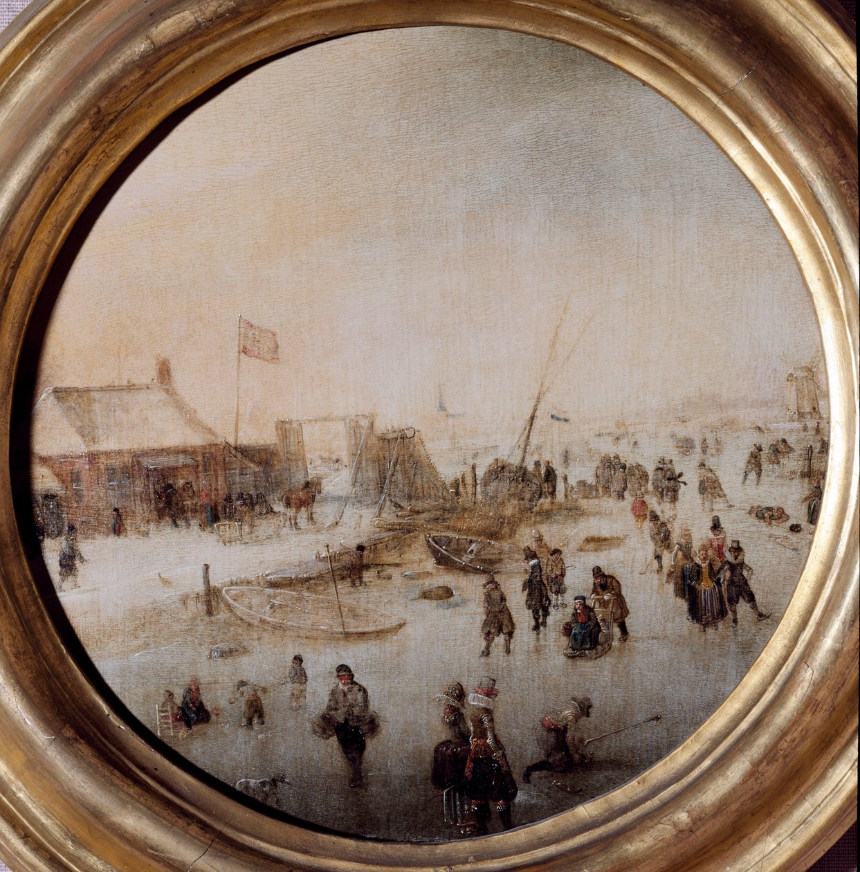 Vinterlandskap med skøyteløpere Maleri av Hendrick Avercamp (1585-1634) Diameter 25 cm Musei di Strada Nuova (ex Palazzo Rosso) av Hendrik Avercamp