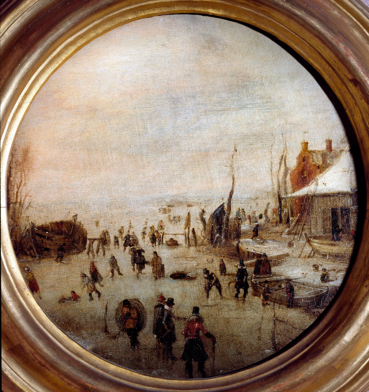 Vinterlandskap med skøyteløpere og hockeyspillere Maleri av Hendrick Avercamp (1585-1634) Diameter 25 cm Musei di Strada Nuova (ex Palazzo Rosso) Genes Italy av Hendrik Avercamp