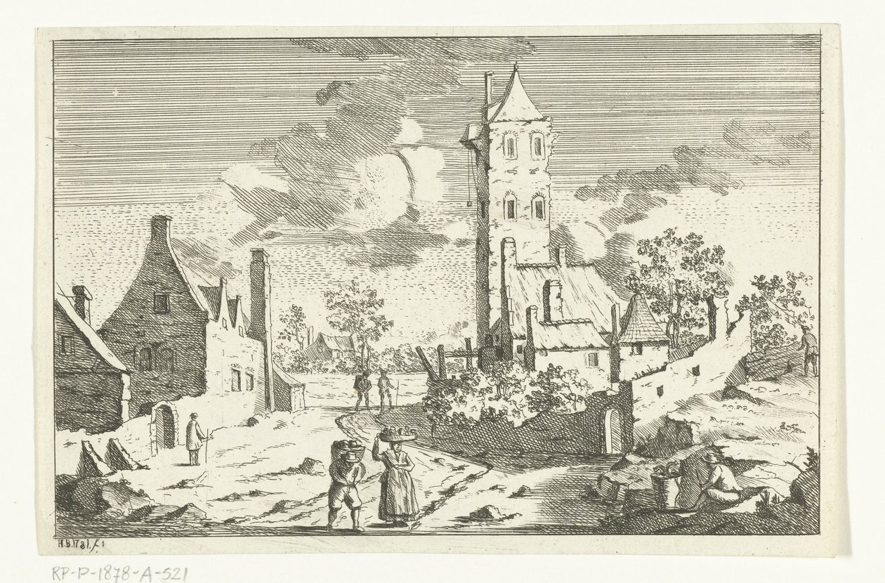 Landsbyutsikt med hus og tårn på en sandvei med figurer av Hendrik Berg